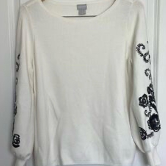 NWT- Chico’s- Cream Sweater with Black Embroidery/sequins on sleeves - Picture 3 of 4